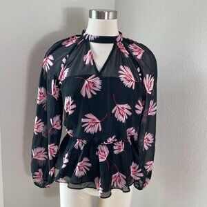 NEW Express Womens Small Floral Chiffon Blouse Long Sleeve Peplum Shirt Top